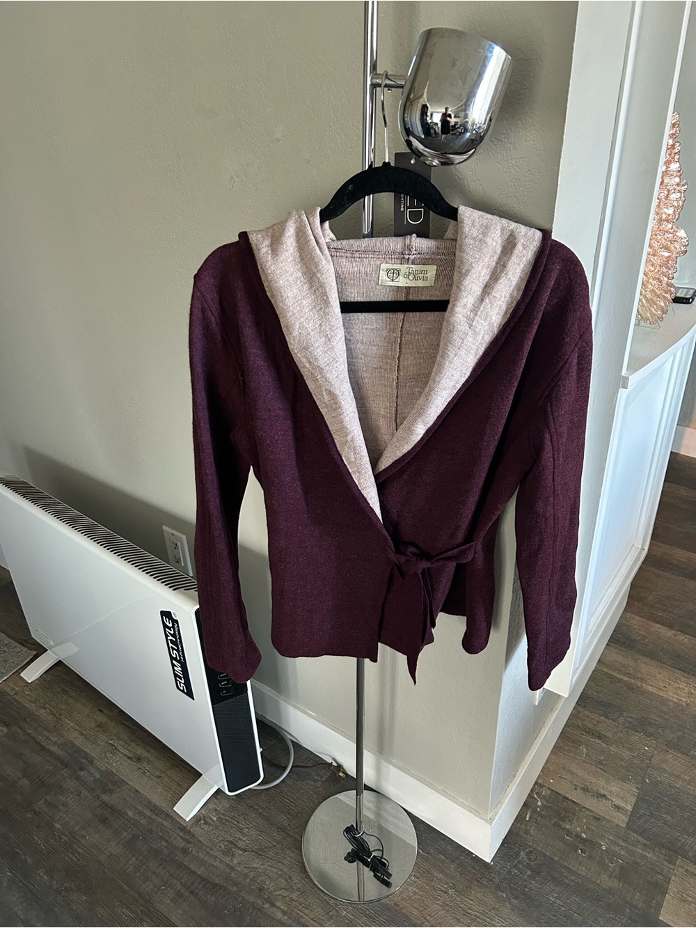 Hooded Tie-Waist Wool Sweater Cardigan - Plum with Cream Hood